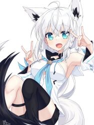 Rule 34 | 1girl, ahoge, animal ear fluff, animal ears, armpits, black shorts, black thighhighs, blue neckerchief, blush, braid, breasts, commentary request, detached sleeves, double fox shadow puppet, earrings, extra ears, fox ears, fox girl, fox shadow puppet, fox tail, green eyes, hair between eyes, highres, hololive, hood, hoodie, jewelry, long hair, looking at viewer, medium breasts, neckerchief, open mouth, pentagram, shirakami fubuki, short shorts, shorts, sidelocks, simple background, single braid, single thighhigh, solo, tail, thigh strap, thighhighs, tokunaga (eliavfkzykhctif), virtual youtuber, white background, white hair, white hoodie