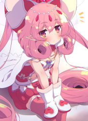 Rule 34 | 1girl, absurdres, cape, closed mouth, commentary request, curly hair, garter straps, hat, head chain, highres, jewelry, leaning forward, light frown, long hair, looking at viewer, mittens, neneka (princess connect!), notice lines, pink eyes, pink hair, pink shirt, pink shorts, pink thighhighs, pointy ears, princess connect!, shirt, short sleeves, shorts, sitting, solo, strapless, sw (taco), thighhighs, very long hair, white cape, white hat, white mittens