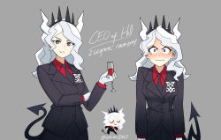 Rule 34 | 1girl, black jacket, black pants, blazer, blue eyes, blush, breasts, character name, chibi, collared shirt, cosplay, cup, demon horns, demon tail, diana cavendish, diooksan, drinking glass, embarrassed, formal, gloves, gradient sky, grey background, helltaker, heterochromia, highres, holding, holding cup, horns, jacket, little witch academia, long hair, long sleeves, looking at viewer, lucifer (helltaker), multiple views, oksandio, pants, parted lips, red eyes, red shirt, shirt, simple background, sky, smirk, suit, tail, tears, teeth, tiara, tsundere, twitter username, two-tone eyes, v-shaped eyebrows, wavy hair, wavy mouth, white gloves, white hair, wine glass