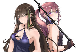 Rule 34 | 2girls, 3 small spiders, :o, bare back, bare shoulders, black dress, blue dress, blush, breasts, brown eyes, brown hair, cleavage, closed mouth, collarbone, dress, eye piercing, from side, girls&#039; frontline, hair ornament, highres, holding, long hair, looking at viewer, m4a1 (girls&#039; frontline), m4a1 (suspender of time) (girls&#039; frontline), medium breasts, multicolored hair, multiple girls, open mouth, pink hair, ponytail, purple eyes, small breasts, st ar-15 (girls&#039; frontline), st ar-15 (prisoner of the dream) (girls&#039; frontline), upper body, white background
