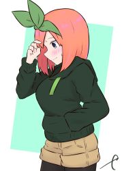 Rule 34 | 1girl, black pantyhose, blue background, blue eyes, blush, breasts, brown shorts, closed mouth, commentary request, cowboy shot, drawstring, eyebrows hidden by hair, from side, go-toubun no hanayome, green hoodie, green ribbon, hand in pocket, hand up, highres, hood, hood down, hoodie, kujou karasuma, pantyhose under shorts, long sleeves, looking away, medium breasts, nakano yotsuba, orange hair, pantyhose, profile, ribbon, short shorts, shorts, signature, solo, sweat, two-tone background, wavy mouth, white background