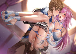 Rule 34 | 1boy, 1girl, after kiss, arm around shoulder, ass, ass grab, bare legs, bare shoulders, barefoot, blue eyes, blue flower, blue panties, blue rose, blurry, blurry background, blush, breasts, brown hair, carrying, censored, cleavage, clothed sex, collarbone, commission, covered erect nipples, cum, cum in pussy, depth of field, deras, detached collar, dress, dutch angle, elbow gloves, face-to-face, flower, gabriel (granblue fantasy), gloves, gran (granblue fantasy), granblue fantasy, hand on another&#039;s shoulder, hetero, high heels, indoors, large breasts, light particles, lipstick mark, lipstick mark on penis, long hair, looking at another, mosaic censoring, no bra, open mouth, panties, panty pull, penis, pink hair, pixiv commission, princess carry, pussy, pussy juice, rose, sandals, see-through, sex, short hair, signature, standing, standing sex, sweat, swept bangs, thigh strap, toenails, tongue, tongue out, twitter username, underwear, vaginal, very long hair, watermark, wet, wet clothes, wet dress, wet gloves, white dress, white footwear, white gloves