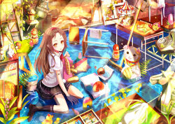 Rule 34 | 1girl, antique phone, bad id, bad pixiv id, bandaid, blush, brown hair, bucket, bug, cat, chair, desk, doll, dragonfly, flask, hair ornament, hairclip, highres, insect, lamp, light particles, light rays, loafers, long hair, looking at viewer, maneki-neko, mole, mole under eye, mouth hold, needle, original, partially submerged, phone, pleated skirt, rotary phone, rubber duck, school uniform, shoes, signature, sitting, skirt, snail, solo, sparkle, string, stuffed animal, stuffed toy, sunbeam, sunlight, tears, test tube, wariza, water, yellow eyes, yuna (rutera)