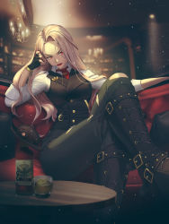 Rule 34 | 1girl, absurdres, alcohol, ashe (overwatch), black footwear, black gloves, black nails, black vest, boots, closed mouth, crossed legs, cup, drinking glass, fingerless gloves, gloves, highres, light brown hair, light smile, long hair, nail polish, necktie, overwatch, overwatch 2, red eyes, red lips, red necktie, shirt, sitting, sleeves rolled up, torn clothes, vest, whiskey, white shirt, yoonsun lee