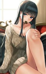 Rule 34 | 1girl, black hair, blue eyes, blush, breasts, candy, chocolate, chocolate heart, cleavage, food, food in mouth, heart, highres, long hair, looking at viewer, nicky w, original, sitting, smile, solo, sweater