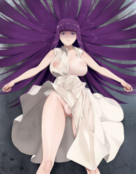 Rule 34 | 1girl, bare shoulders, blunt bangs, bra, breasts, cleft of venus, expressionless, fern (sousou no frieren), highres, large breasts, long hair, nipples, paid reward available, panties, purple eyes, purple hair, pussy, see-through, shaded face, shoujo donburi, solo, sousou no frieren, underwear, very long hair, white bra, white panties