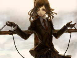 Rule 34 | 1girl, androgynous, bad id, bad pixiv id, black gloves, blazer, brown hair, chain, cissnei, comin, cross, final fantasy, final fantasy vii, formal, gloves, jacket, necktie, pleated skirt, red eyes, skirt, skirt suit, smile, solo, suit