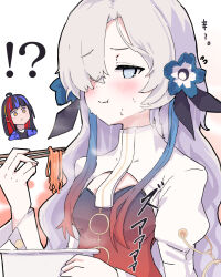 Rule 34 | !?, 2girls, @ @, ahoge, black hair, blue eyes, blue flower, blue hair, blush, breasts, changing colors, chibi, chibi inset, chopsticks, cleavage cutout, closed mouth, clothing cutout, commentary request, cup ramen, dress, eating, flower, full mouth, furrowed brow, gradient dress, gradient hair, grey hair, hair flower, hair ornament, hair over one eye, hand up, harusaruhi, highres, holding, holding chopsticks, isekai joucho, juliet sleeves, kamitsubaki studio, long hair, long sleeves, multicolored hair, multiple girls, one eye covered, puffy sleeves, red background, red dress, red hair, simple background, small breasts, smile, solo focus, spicy, steam, streaked hair, sweat, turtleneck, two-tone background, upper body, virtual youtuber, wavy hair, white background, white sleeves, yellow eyes, yucblossom