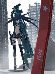 Rule 34 | 1girl, 32zzz, arm cannon, bikini, bikini top only, black gloves, black hair, black jacket, black rock shooter, black rock shooter (character), black shorts, black thighhighs, blue eyes, breasts, flaming eye, gloves, glowing, glowing eye, high heels, highres, holding cannon, huge weapon, jacket, long sleeves, navel, no shirt, open mouth, pale skin, rock cannon, shorts, small breasts, solo, swimsuit, thighhighs, twintails, uneven twintails, weapon, zipper