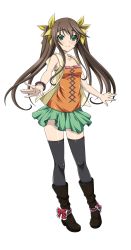 Rule 34 | 10s, 1girl, black thighhighs, brown hair, full body, green eyes, green skirt, hair ribbon, highres, huang lingyin, infinite stratos, long hair, looking at viewer, pleated skirt, ribbon, skirt, smile, solo, thighhighs, transparent background, twintails, yellow ribbon