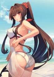 Rule 34 | 1girl, ass, bikini, blue sky, breasts, brown eyes, brown hair, commentary request, flower, from behind, hair between eyes, hair flower, hair ornament, highres, kantai collection, kasumi (skchkko), large breasts, long hair, looking at viewer, looking back, ocean, parted lips, ponytail, sarong, sky, solo, swimsuit, white bikini, yamato (kancolle)