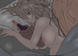 Rule 34 | 1boy, 1girl, admiral (kancolle), aftersex, bed, bed sheet, blue eyes, bottle, breasts, grey hair, jewelry, kantai collection, large breasts, long hair, lying, navel, nipples, nude, pillow, pola (kancolle), ring, sozan, wedding band, wine bottle