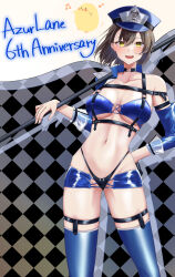 Rule 34 | &gt; &lt;, 1girl, :d, anniversary, azur lane, baltimore (azur lane), baltimore (finish line flagbearer) (azur lane), bikini, bird, black bikini, black gloves, blue bikini, blue footwear, blue headwear, blue jacket, blue shorts, blue sleeves, blush, boots, breasts, brown hair, checkered flag, chest harness, chick, choker, cleavage, collarbone, commentary request, cowboy shot, cropped jacket, detached sleeves, drop shadow, flag, gloves, groin, hair between eyes, harness, hat, highleg, highleg bikini, holding, holding pole, jacket, looking at viewer, manjuu (azur lane), medium breasts, mismatched bikini, musical note, navel, official alternate costume, open mouth, peaked cap, pole, race queen, shadow, short hair, shorts, sidelocks, single bare shoulder, single detached sleeve, single glove, single sleeve, skindentation, smile, solo focus, standing, stomach, swimsuit, thigh boots, underbust, yellow eyes, yumeneko nyaa