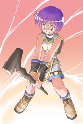 Rule 34 | 1girl, :d, ankle boots, arm warmers, backpack, bag, bare shoulders, belt, blue hair, blush, boots, cane, full body, green eyes, holding, holding cane, holding wand, open mouth, own hands together, purple hair, ragnarok online, rod, short hair, shorts, sleeveless, smile, solo, staff, standing, super novice (ragnarok online), v arms, vest, wand