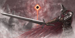 Rule 34 | 1boy, abyss watcher, armor, bandaged arm, bandages, belt, building, cape, chainmail, cloud, cloudy sky, dagger, dark souls (series), dark souls iii, dual wielding, eclipse, gauntlets, helmet, holding, holding dagger, holding knife, holding sword, holding weapon, knife, male focus, mask, mmm (mikito), moon, outdoors, pauldrons, red cape, ruins, sheath, sheathed, shoulder armor, sky, smoke, solo, sun, sword, torn cape, torn clothes, weapon, white hair