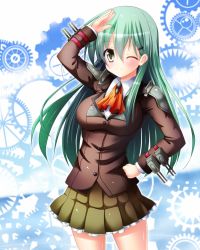 Rule 34 | 10s, 1girl, blush, breasts, green eyes, green hair, hair ornament, hairclip, hand on own hip, highres, kantai collection, large breasts, long hair, looking at viewer, matching hair/eyes, one eye closed, osashin (osada), personification, salute, skirt, smile, solo, suzuya (kancolle), wink