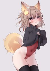 Rule 34 | 1girl, animal ears, annytf, anyuu, black sweater, black thighhighs, blush, brown eyes, brown hair, clothes lift, covered navel, drooling, fang, fox ears, fox girl, fox tail, grey background, groin, hair between eyes, hair ornament, heart, heart-shaped pupils, heavy breathing, highleg, highleg leotard, highres, indie virtual youtuber, leotard, leotard under clothes, lifted by self, long hair, looking at viewer, mouth drool, open mouth, red leotard, simple background, solo, star (symbol), star hair ornament, sweater, sweater lift, symbol-shaped pupils, tail, thighhighs, turtleneck, turtleneck sweater, two side up, virtual youtuber