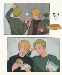 Rule 34 | 2boys, ?, absurdres, alternate costume, bag, beard stubble, black shirt, blonde hair, blush, book, brown jacket, cellphone, cigarette, commentary, expressionless, facial hair, from behind, green hair, green shirt, hair over one eye, hand on own face, happy, highres, holding, holding book, holding phone, iqracha, jacket, jewelry, leaning, light smile, long bangs, long sleeves, looking at another, looking down, male focus, multiple boys, necklace, one piece, open book, open clothes, open jacket, open mouth, panda, phone, plant, reading, roronoa zoro, sanji (one piece), shirt, short hair, shoulder bag, shounen jump, smile, speech bubble, spoken question mark, stubble, translated, turtleneck, upper body, v-shaped eyebrows