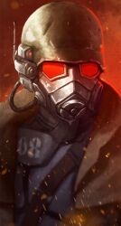 Rule 34 | 1other, armor, brown coat, bulletproof vest, coat, fallout (series), fallout: new vegas, gas mask, glowing, glowing eyes, hat, helmet, highres, johnpolts, looking at viewer, mask, military, military hat, military uniform, ncr veteran ranger, post-apocalypse, red background, red eyes, solo, uniform, upper body