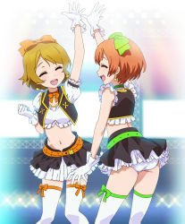 Rule 34 | 10s, 2girls, ^ ^, ass, bow, brown hair, closed eyes, earrings, closed eyes, gloves, hair bow, high five, highres, hoshizora rin, jewelry, koizumi hanayo, love live!, love live! school idol project, midriff, multiple girls, navel, no brand girls, open mouth, orange hair, panties, pantyshot, short hair, silver meteor, skirt, stage, stage lights, standing, thighhighs, underwear, white gloves, white legwear, white panties