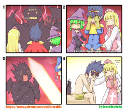 Rule 34 | 1boy, 2girls, 4koma, absurdres, artist name, bad id, bad pixiv id, bed, blue hair, blue shirt, blush, breasts, brown eyes, brown gloves, closed eyes, closed mouth, collarbone, comic, commentary, covering own eyes, cross, cross necklace, dress, elbow gloves, english text, evil grin, evil smile, gloves, glowing, glowing eyes, green hair, greenteaneko, grin, hair between eyes, half-closed eyes, hat, highres, jewelry, layered sleeves, long sleeves, male underwear, medium breasts, multiple girls, necklace, nurse cap, on bed, original, parted lips, pink headwear, pointy ears, purple dress, purple headwear, red eyes, robe, sharp teeth, shirt, short over long sleeves, short sleeves, silent comic, sitting, smile, square 4koma, sweat, teeth, thumbs up, trembling, underwear, wavy mouth, white robe, witch hat