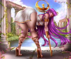 Rule 34 | 1girl, absurdres, ancient greek clothes, ass, bare back, bare shoulders, bent over, blue eyes, breasts, cloud, cloudy sky, crown, curvy, female focus, flower, gold, greco-roman clothes, greece, greek mythology, greek temple, high heels, highres, huge ass, kido saori, lake, large breasts, long hair, looking at viewer, looking back, multiple views, ornament, purple hair, saint seiya, saori kido, sideboob, sky, solo, staff, temple, thick thighs, thighs, turnaround, very long hair