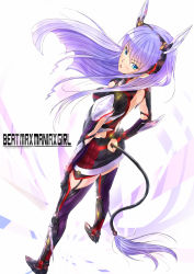 Rule 34 | 1girl, aqua eyes, boots, cable, cable tail, hand on own hip, highres, kazeno, long hair, looking back, mechanical tail, open mouth, original, purple hair, robot ears, skirt, solo, standing, tail, thigh boots, thighhighs