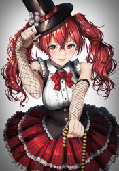 Rule 34 | 1girl, adjusting clothes, adjusting headwear, bad id, bad pixiv id, bare shoulders, black gloves, blouse, blush, bow, bowtie, breasts, brown nails, cane, choker, collared shirt, corset, crossed bangs, fishnet gloves, fishnets, gloves, gradient background, hair between eyes, hat, highres, holding, holding cane, large breasts, layered skirt, long hair, looking at viewer, original, parted lips, pointy ears, red bow, red bowtie, red eyes, red hair, red lips, redlammy, shirt, sidelocks, simple background, skirt, sleeveless, sleeveless shirt, smile, solo, top hat, twintails, white shirt
