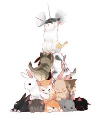 Rule 34 | :&lt;, animal tower, bad id, bad pixiv id, black eyes, cat, closed eyes, highres, kitten, lying, no humans, on stomach, original, rabbit, radar, shanks-ace, simple background, support, white background