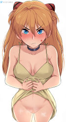 Rule 34 | 1girl, anger vein, blue eyes, blush, breasts, clothes lift, dress, dress lift, hair between eyes, highres, hioyami, interface headset, lifted by self, neon genesis evangelion, no panties, nose blush, orange hair, small breasts, solo, souryuu asuka langley, sundress, sweat, two side up, yellow dress