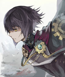 Rule 34 | 1boy, black bodysuit, black hair, bodysuit, cape, closed mouth, dated, expressionless, fire emblem, fire emblem heroes, hair between eyes, looking to the side, nijihayashi, nintendo, otr (fire emblem), purple cape, short hair, simple background, solo, upper body, yellow eyes