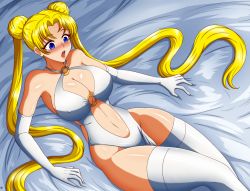 Rule 34 | 1girl, alternate body size, alternate breast size, bed, bishoujo senshi sailor moon, blonde hair, blue eyes, blush, breasts, cleavage, double bun, dress, gloves, hair bun, huge breasts, legs, long hair, navel, o-ring, open mouth, solo, thick thighs, thighhighs, thighs, tsukino usagi, twintails, wide hips