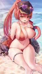 Rule 34 | 1girl, animal ears, bikini, black headwear, breasts, bridal garter, cat ears, cat tail, deaver, heart, heart necklace, heterochromia, highres, hololive, houshou marine, houshou marine (summer), jewelry, kemonomimi mode, large breasts, looking at viewer, navel, necklace, o-ring, o-ring thigh strap, ponytail, red bikini, red eyes, red hair, sitting, solo, swimsuit, tail, thigh strap, virtual youtuber, wet, yellow eyes
