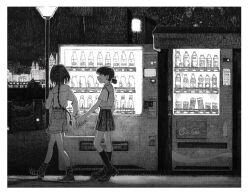 Rule 34 | 2girls, belt, border, bottle, braid, can, cityscape, commentary request, from side, full body, highres, holding hands, lamppost, layered clothes, layered sleeves, long sleeves, monochrome, multiple girls, night, open mouth, original, outdoors, pleated skirt, sandals, seasideiiii, short over long sleeves, short sleeves, shorts, skirt, smile, socks, vending machine, walking, white border