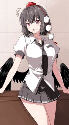 +++ 1girl bird_wings black_necktie black_skirt black_wings blush brown_hair collared_shirt commentary hat highres looking_at_viewer necktie open_mouth pom_pom_(clothes) puffy_short_sleeves puffy_sleeves red_hat rise_(rise19851203) shameimaru_aya shirt short_sleeves skirt smile solo tokin_hat touhou white_shirt wings