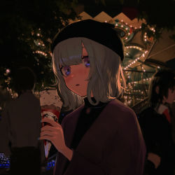 Rule 34 | 1boy, 2girls, absurdres, amusement park, black hair, black headwear, blush, commentary request, food, grey hair, highres, holding, ice cream, ice cream cone, jewelry, k1llg, long sleeves, multiple girls, necklace, night, original, parted lips, purple eyes, shirt, short hair, solo focus, tree, upper body