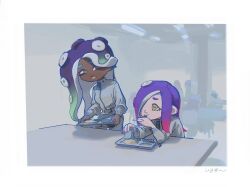 Rule 34 | 2girls, border, cafeteria, cephalopod eyes, colored tips, commentary request, dark-skinned female, dark skin, eating, furrowed brow, green eyes, green hair, grey sweater, highres, holding, holding spoon, hrrrrsn, indoors, long hair, marina (splatoon), medium hair, multicolored hair, multiple girls, nintendo, octoling, pink hair, purple hair, red pupils, smile, splatoon (series), splatoon 3, splatoon 3: side order, spoon, sweater, teeth, tentacle hair, two-tone hair, white border, yellow eyes