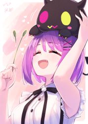 Rule 34 | 1girl, :d, arm up, bibi (tokoyami towa), blush, cattail, closed eyes, creature on head, dated, fang, hair ornament, hairclip, hand up, highres, hikawa shou, holding, holding plant, hololive, open mouth, petting, plant, purple hair, shirt, short hair, signature, sleeveless, sleeveless shirt, smile, solo, tokoyami towa, upper body, virtual youtuber, white shirt, x hair ornament