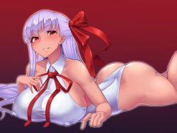 Rule 34 | 1girl, ass, bare arms, bare legs, bare shoulders, bb (fate), bb (fate) (all), bb (swimsuit mooncancer) (fate), black background, blush, breasts, dark-skinned female, dark skin, dashigarayama, fate/grand order, fate (series), female focus, gradient background, hair ribbon, large breasts, leotard, long hair, looking at viewer, lying, on stomach, purple hair, red background, red eyes, ribbon, smile, solo, white leotard