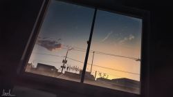 Rule 34 | absurdres, banishment, blue sky, cloud, commentary request, highres, indoors, no humans, original, power lines, scenery, sky, sunset, utility pole, window