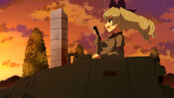Rule 34 | 10s, 1girl, anchovy (girls und panzer), black necktie, black ribbon, black shirt, carro armato p40, cloud, cloudy sky, dress shirt, drill hair, from side, girls und panzer, green hair, grey jacket, hair ribbon, holding, jacket, long hair, long sleeves, microphone, military, military uniform, military vehicle, motor vehicle, necktie, open mouth, outdoors, red eyes, ribbon, shirt, sky, smile, solo, tank, tree, twilight, twin drills, twintails, uniform, usamimi (usamimiok)