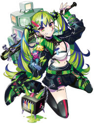 Rule 34 | 1girl, bandaid, bandaid hair ornament, bandaid on breast, barcode, barcode tattoo, baseball bat, belt, blue hair, breast tattoo, breasts, buckle, crt, fangs, finger in own mouth, green footwear, green hair, grin, hair ornament, highres, midriff, multicolored eyes, multicolored hair, nail polish, navel, original, pink nails, puppeteer7777, skirt, smile, tattoo, television, twintails, two-tone hair, virtual youtuber, white background