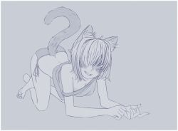 Rule 34 | 1girl, ?, all fours, animal ears, arched back, ass, barefoot, blush, cat ears, cat tail, fingernails, full body, grey background, grey theme, grin, hair over one eye, highres, monochrome, mr very, original, panties, short hair, side-tie panties, simple background, smile, solo, strap slip, tail, underwear