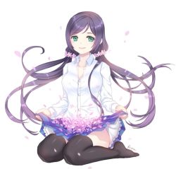 Rule 34 | 10s, 1girl, black thighhighs, briska, clothes lift, dress shirt, flower, green eyes, hair flower, hair ornament, kneeling, knees together feet apart, long hair, looking at viewer, love live!, love live! school idol project, no shoes, petals, petticoat, school uniform, shirt, signature, simple background, sitting, skirt, skirt basket, skirt lift, solo, thighhighs, tojo nozomi, twintails, wariza