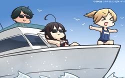 Rule 34 | &gt; &lt;, 3girls, adapted costume, ahoge, bikini, black bikini, black hair, blonde hair, blue one-piece swimsuit, brown hair, commentary, dated, hair between eyes, hair flaps, hamu koutarou, highres, kantai collection, long hair, maikaze (kancolle), mogami (kancolle), multiple girls, one-piece swimsuit, open mouth, outstretched arms, ponytail, remodel (kantai collection), school swimsuit, shigure (kancolle), ship, short hair, smile, spread arms, sunglasses, swimsuit, v-shaped eyebrows, watercraft