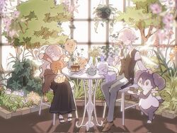 1boy 1girl alcremie arknights brown_shoes brown_vest buneary cake cake_slice cecelia_(arknights) chair collared_shirt creatures_(company) crossover cup enforcer_(arknights) fiori_(fiofiori_) food game_freak gen_4_pokemon gen_5_pokemon gen_6_pokemon gen_8_pokemon green_necktie grey_hair grey_pants headpat highres holding holding_cup holding_plate indeedee indoors litwick necktie nintendo on_lap pants plate pokemon pokemon_(creature) pokemon_on_lap shirt shoes short_hair sinistea sitting skirt spoon swirlix table vest white_shirt