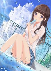 Rule 34 | 1girl, :o, bare legs, blue eyes, blue skirt, blue sky, blunt bangs, blush, bralines, breasts, brown hair, cloud, collar, collarbone, collared shirt, fence, food, hand on own thigh, long hair, looking at viewer, medium breasts, open mouth, original, outdoors, plaid, plaid skirt, pleated skirt, pool, poolside, popsicle, see-through, shirt, short sleeves, sidelocks, sitting, skirt, sky, so korokoro, solo, tree, water, water drop, wet, wet clothes, wet shirt, white collar, white shirt