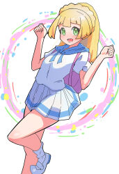 Rule 34 | blonde hair, blunt bangs, clenched hands, creatures (company), game freak, green eyes, highres, knee up, lillie (pokemon), long hair, looking at viewer, masamu (leonore69), nintendo, open mouth, paint splatter, pink bag, pleated skirt, pokemon, pokemon sm, ponytail, shirt, skirt, teeth, upper teeth only, white footwear, white shirt, white skirt