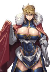 Rule 34 | 1girl, absurdres, armor, artoria pendragon (fate), artoria pendragon (lancer) (fate), blonde hair, blue leotard, blue thighhighs, breasts, cape, cleavage, cleavage cutout, closed mouth, clothing cutout, covered navel, cowboy shot, cross, crown, cuboon, fate/grand order, fate (series), female focus, fur-trimmed cape, fur trim, gauntlets, green eyes, hair between eyes, highres, large breasts, leotard, looking at viewer, red cape, sidelocks, simple background, solo, swept bangs, thighhighs, white background