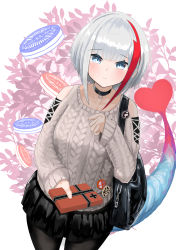 Rule 34 | 1girl, absurdres, admiral graf spee (azur lane), admiral graf spee (daily peaceful life) (azur lane), admiral graf spee (peaceful daily life) (azur lane), aran sweater, azur lane, badge, black bag, black choker, black pantyhose, black skirt, blue eyes, box, brown sweater, button badge, cable knit, choker, clothing cutout, fins, fish tail, gift, gift box, heart, highres, holding, holding gift, kyuusanshiki, looking at viewer, medium hair, miniskirt, multicolored hair, official alternate costume, pantyhose, pin, red hair, shark tail, shoulder cutout, silver hair, simple background, skirt, solo, streaked hair, sweater, tail, valentine
